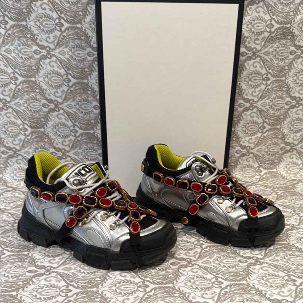 Gucci Silver and Black Flashtrek Sneakers with Crystal Straps